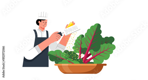 Chef Prepares Fresh Salad with Grated Ingredient for Culinary Creation