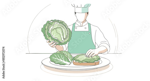 Chef Prepares Fresh Salad, Presenting a Healthy Meal with Vibrant Cabbage Leaves