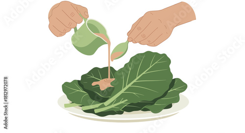 Chef Prepares Fresh Salad, Garnishing Greens Deliciously In Preparation