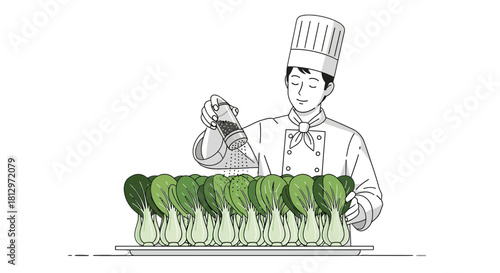 Chef Seasoning Fresh Vegetables Preparing A Culinary Masterpiece With Bok Choy For Food