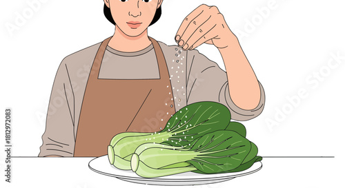 Chef Sprinkling Seasoning on Fresh Bok Choy for Delicious Culinary Creation