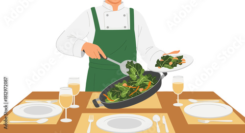 Chef Serving Freshly Cooked Greens And Vegetables At Fine Dining Table