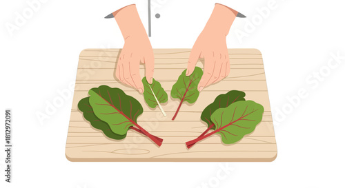 Chef Prepares Fresh Swiss Chard on a Wooden Cutting Board for Culinary Endeavors