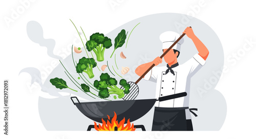 Chef Prepares Fresh Vegetables In A Wok With Flames And Steam For Cooking