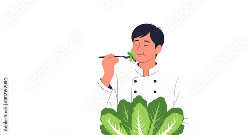 Chef Tasting And Enjoying Fresh Green Salad With Eyes Closed And Delightful Expression
