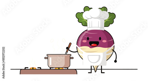 Chef Turnip Prepares Fresh Meal with Steaming Pot in Adorable Flat Illustration