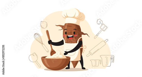 Chef Vegetable Character Baking Delightfully Amidst Kitchen Utensils with Cute Expressions