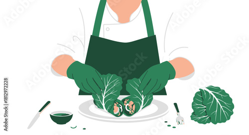 Chef Preparing Culinary Dish with Fresh Green Ingredients on a Clean, Minimalist Setting