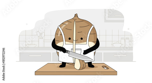 Chef Vegetable Character Slicing And Preparing Food On Wooden Cutting Board Illustration