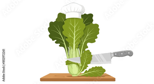 Chef's Culinary Composition: A Fresh Green Vegetable Being Finely Chopped On A Board