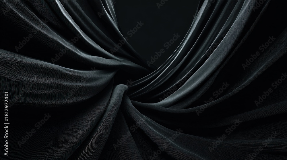 Fototapeta premium A dramatic close-up of flowing black fabric, creating a wave-like pattern against a dark background, evoking depth and texture.