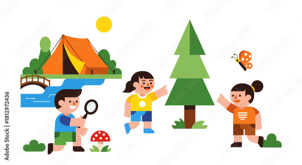 Fototapeta premium Children Exploring Nature and Camping in an Illustrated Adventure Scene
