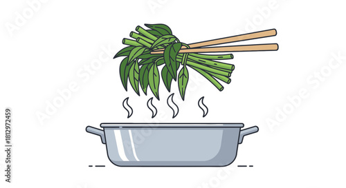 Chopsticks Dipping Fresh Green Vegetables Into Cooking Pot Illustration on Black Background