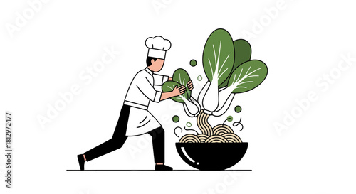Chef Preparing Fresh Bok Choy for Culinary Use Over Delicious Noodles Illustration