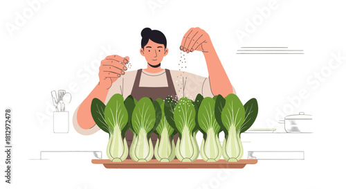 Chef Preparing Fresh Bok Choy Illustration Against a Black Background for Culinary Purposes