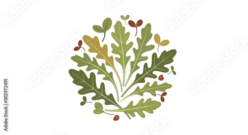 Circular Arrangement of Fresh Green Leaves Against a Black Backdrop Illustration