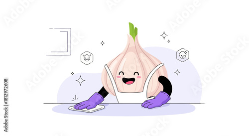 Clean Garlic Cartoon Character Wiping Surface, Positive Concept of Hygiene and Cleanliness
