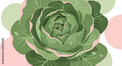 Close-Up Artistic Depiction of a Green Cabbage with Water Droplets Over Abstract Forms
