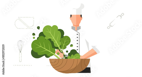 Chef Preparing Fresh Salad Ingredients in a Wooden Bowl with Kitchen Tools