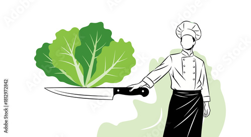 Chef Preparing Fresh Salad with a Knife and Vegetables for Culinary Creation