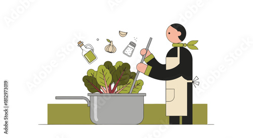 Chef Preparing Fresh Vegetables And Ingredients In A Whimsical Animated Illustration
