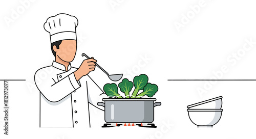 Chef Preparing Fresh Vegetables and Soup in a Modern, Minimalist Kitchen Illustration