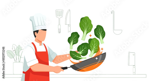 Chef Preparing Fresh Vegetables in a Frying Pan with a Black Background