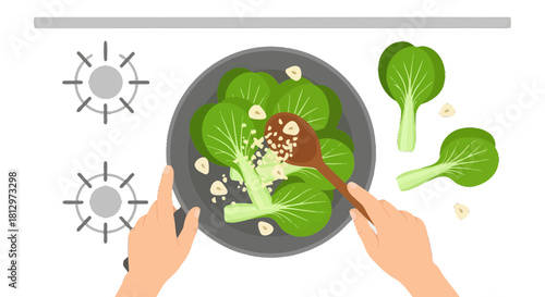 Cooking Fresh Bok Choy in a Pan for a Healthy and Nutritious Meal Preparation