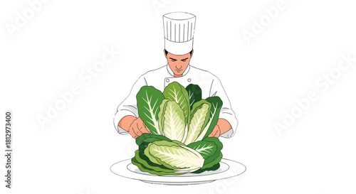 Chef Preparing Fresh Vegetables on Plate for Culinary Creation with Expertise