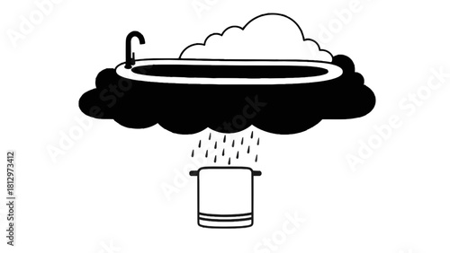 Vector illustration of conceptual black and white icon of rain falling from a cloud shaped like a bathtub onto a towel on transparent background
