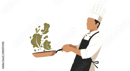 Chef Preparing Fresh Vegetables in Pan Against Black Backdrop Cooking Artwork