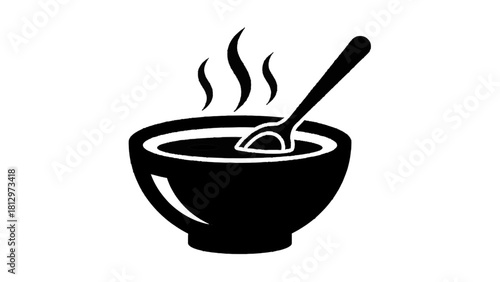 Vector illustration of black and white icon of a steaming hot bowl of soup with a spoon inside, isolated on transparent background 