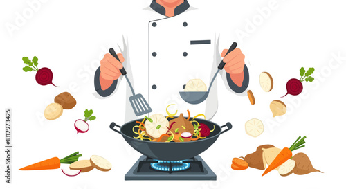 Chef Preparing Gourmet Meal With Fresh Ingredients Isolated Against A Dark Background