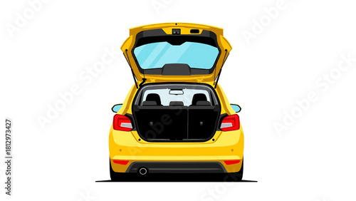 Vector illustration of rear view of a bright yellow hatchback car with the trunk open, isolated on transparent background 