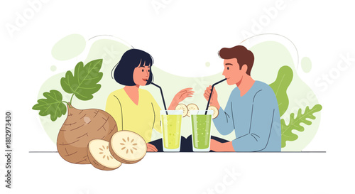 Couple Enjoying Fresh Juice Drink, Healthy Lifestyle, And Botanical Illustration