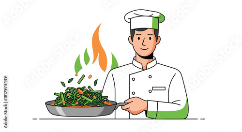Chef Preparing Gourmet Meal With Fresh Ingredients And Green Flames On A Black Background