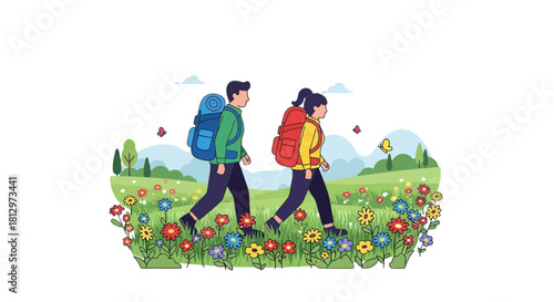 Couple Hiking Through Vibrant Field With Backpacks And Butterflies Amidst Nature Landscape