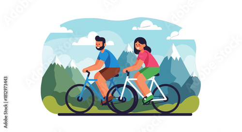 Couple Cycling Joyfully And Enjoying Outdoor Recreation In A Scenic Mountainous Setting