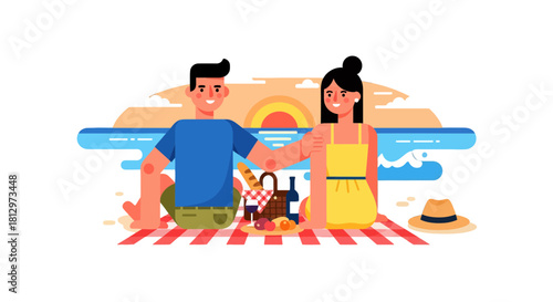 Couple Enjoying Picnic On The Beach During The Sunset Minimal Flat Illustration