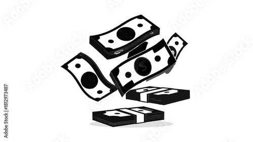 Vector illustration of black and white illustration of various currency banknotes and cash stacks falling, isolated on transparent background 