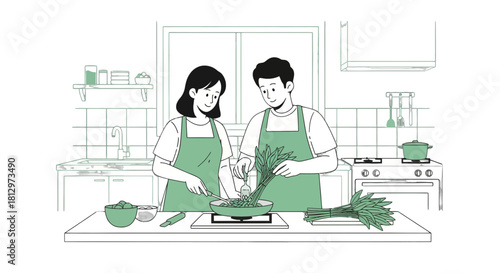 Couple Preparing Food Together in Kitchen, Cooking Healthy Meal with Fresh Ingredients