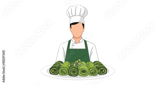 Chef Presenting Appetizing Rolls on Plate Black Background, Culinary Composition