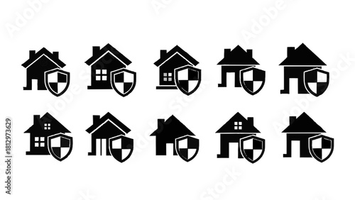 Vector illustration of collection of ten black house and shield icons representing home security, protection, and insurance concept isolated on transparent background 