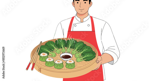 Chef Presenting Delicious Dumplings And Fresh Vegetables On A Wooden Steamer