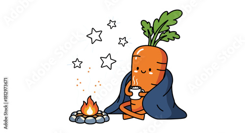 Cozy Carrot Characters Enjoying Warm Drinks Around Campfire Under Starry Night, Perfect Illustration
