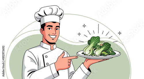 Chef Presenting Fresh Bok Choy Dish on a Plate with a Radiant Presentation