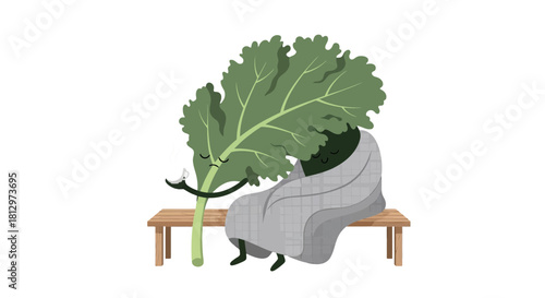 Cozy Kale Leaf Creature Relaxes With Cup of Tea on a Bench Against a Dark Backdrop