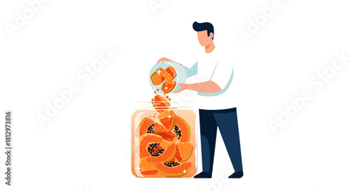 Craftsman Preserving Fresh Papaya Slices Into Glass Jar For Later Culinary Uses