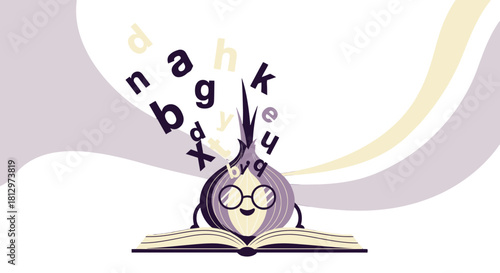 Creative Character Reading From Open Book With Letters Emerging In The Air