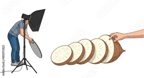 Creative Arrangement of Sliced Root Vegetable with Lighting Setup and Hand on Black Background